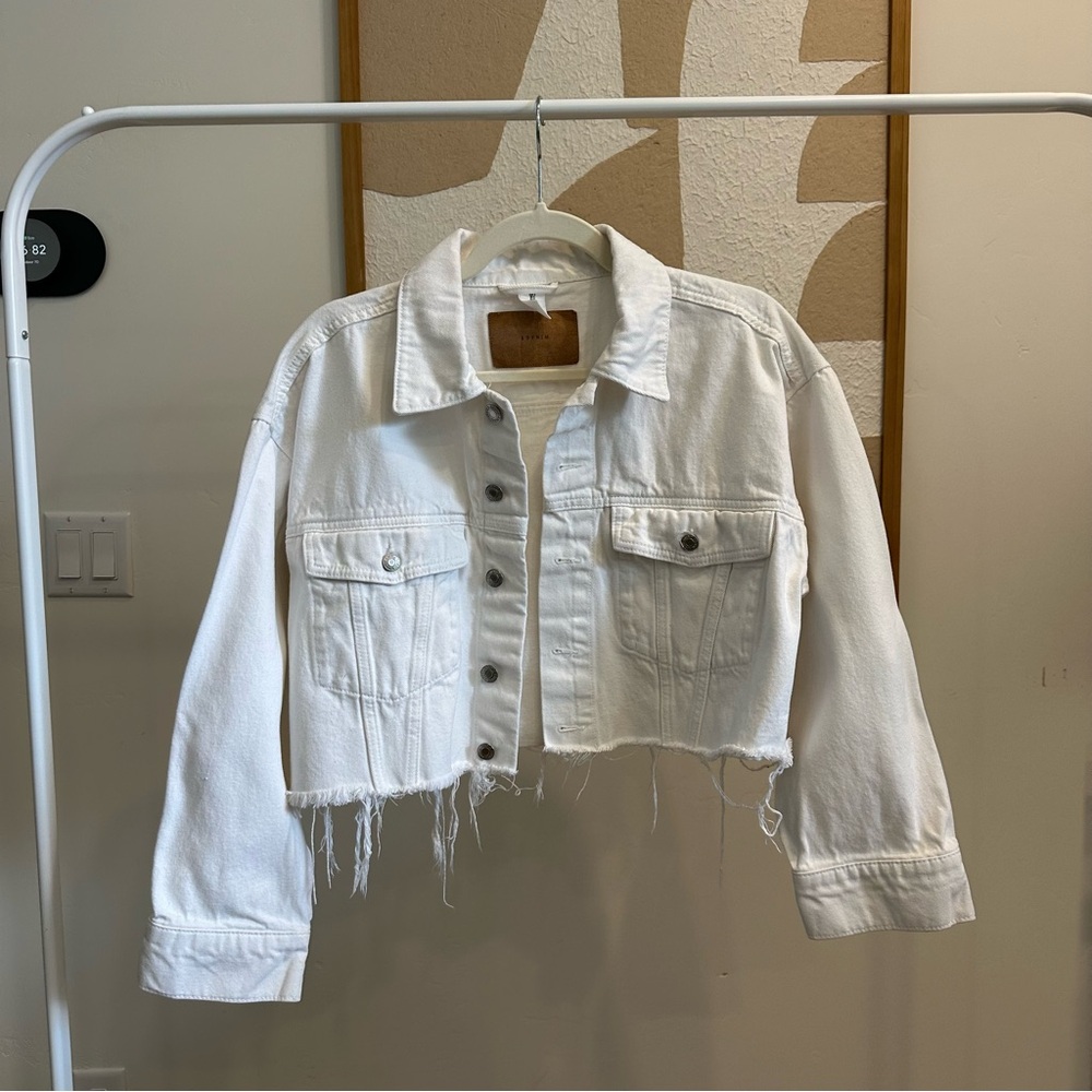 Cropped Raw Hem White Denim Jacket